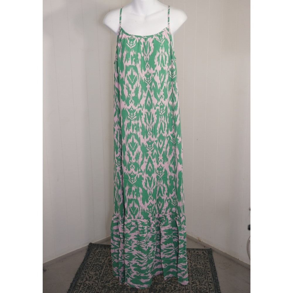 Dokotoo Large Green Pink Ikat Print Sleeveless Tiered Hem Maxi Dress